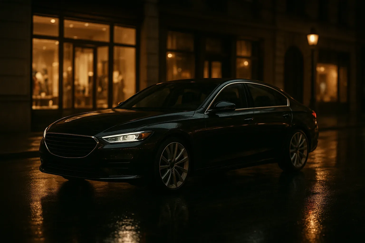 Black luxury sedan on a Toronto street at night